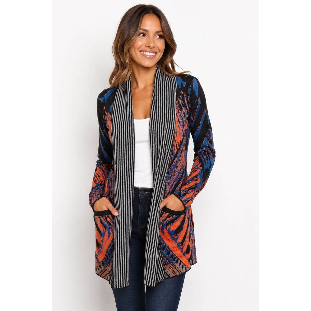 Cynthia Vincent Open Front Cardigan Sweater Small Blue Orange Striped Knit